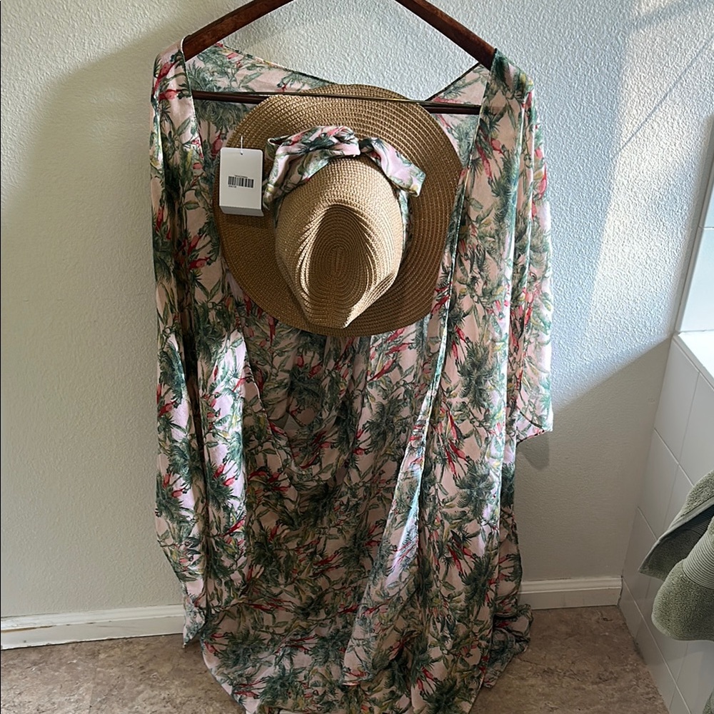 Tropical Floral Kimono with Straw Hat